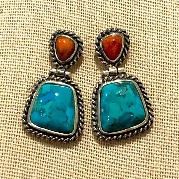 BARSE Sterling Silver Rope Edged Turquoise and Coral Drop Earrings - Picture 4 of 12